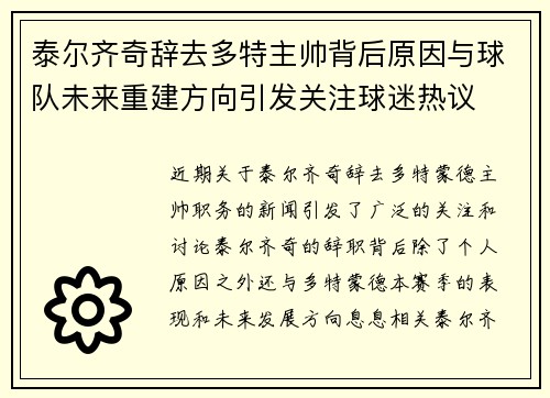 泰尔齐奇辞去多特主帅背后原因与球队未来重建方向引发关注球迷热议 泰尔齐奇辞去多特主帅背后原因与球队未来重建方向引发关注球迷热议